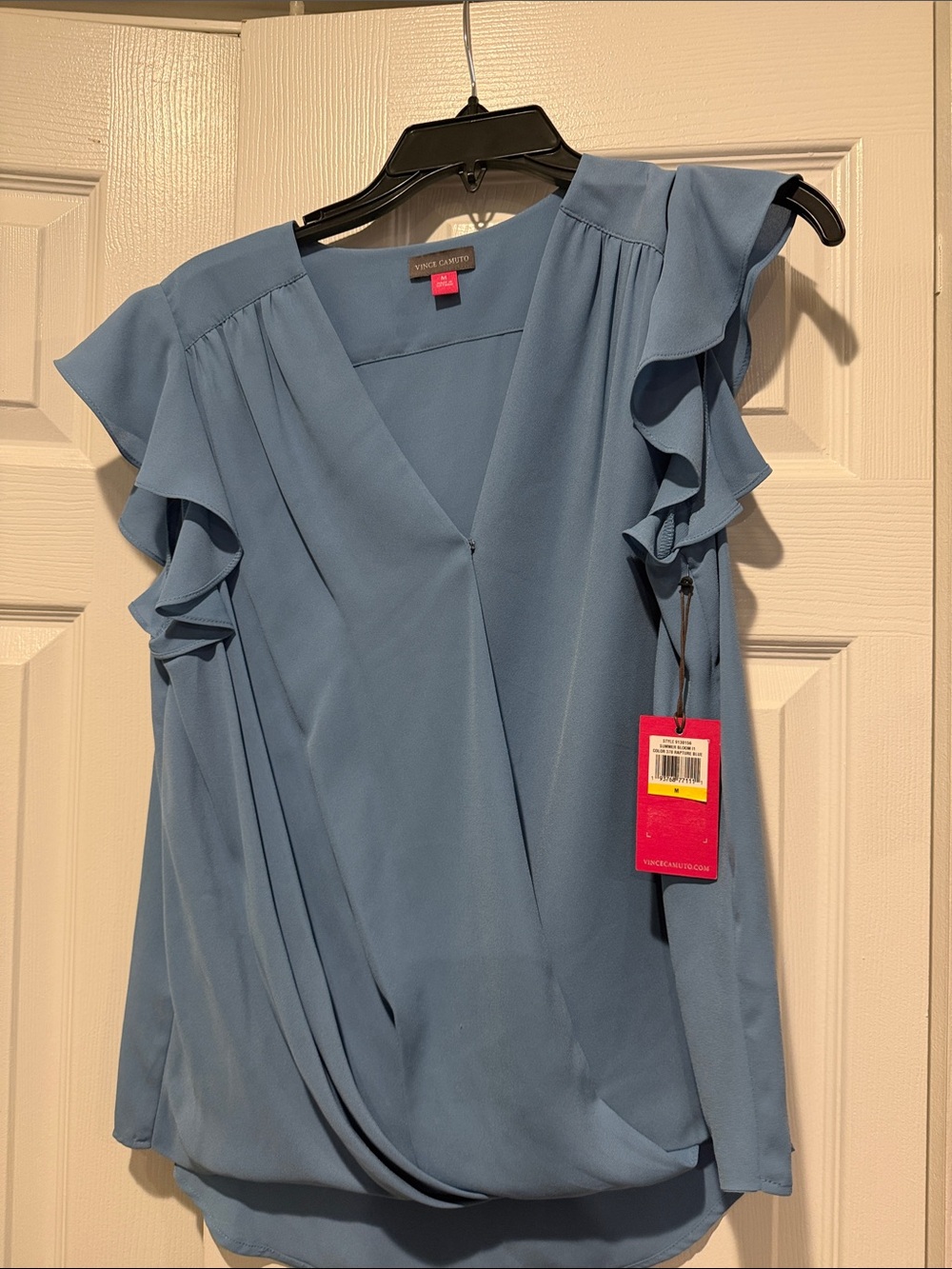 Vince Camuto Dusty Blue Ruffle Sleeve Faux-Wrap Blouse